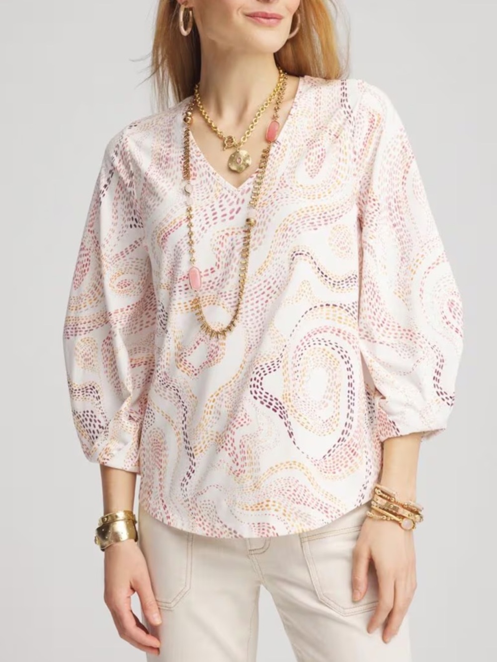 Chicos Swirls Tuck Sleeve Tee mild bubble sleeve Blouse Boho blouse western
